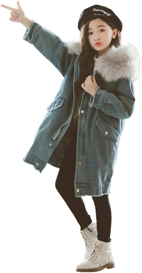 Amazon ウンセン ジャケット 女の子 デニムコート フード付き ファー付き キッズ デニムジャケット ロングコート 厚手 防寒 冬 アウター 子供服 人気 おしゃれ ストリート系 可愛い 通学 コート ジャケット 通販