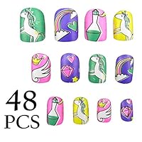 JPACO 4 PACK Unicorn False Nails with Glue (48 Pieces Total) - Fake, Press On, Manicure Decal Wraps Nails for Little Girls, Christmas Gifts