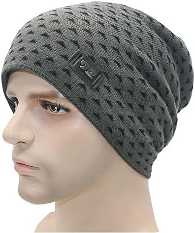 Men's Beanie Hats Knit Winter Warm for Men Wool Lining Skull Ski Cap Grey