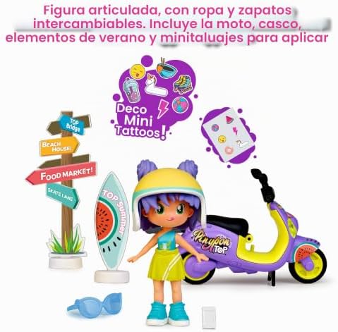 Moto Girl, Figura Articulada de Brazos y Piernas, Set de Chica Top con su Moto, Incluyen Casco y Gafas, Ropa y Zapatos Intercambiables, Doble Cara y Decoración, +4 años, Famosa (PNN03000)