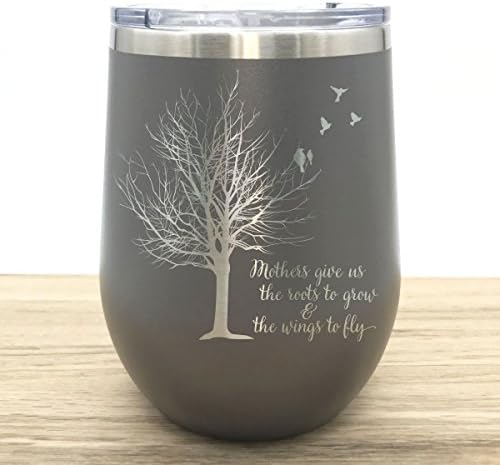 Mother/Teacher Birds &amp; Tree Wings to Fly Personalized 12 oz Insulated Stemless Stainless Steel Engraved Wine Tumbler with Lid - 15 Colors