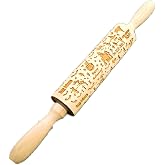 Qoiseys Halloween Embossing Rolling Pin with Pumpkin Castle bat Patterns,Embossed Halloween Cookies,Wooden 3D Engraved Textured Dough Roller Stick(13.8inch) (06)