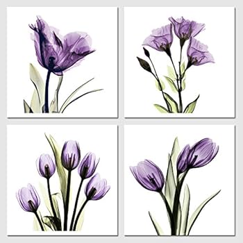 Pyradecor Elegant Purple Flickering Flower Canvas Prints Wall Art Grace Floral Pictures Paintings for Living Room Bedroom Office Home Decorations 4 Panel Modern Abstract Gallery Wrapped Giclee Artwork