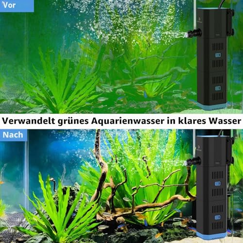 fishkeeper Aquarium Filter, Adjustable 500L/H Aquarium Internal Filter for 30L-120L Aquariums, 4-in-1 Aquarium Pump with Filter, Oxygen, Wavemaker, Filter Sponge (6W (500L/H, ≤120L))