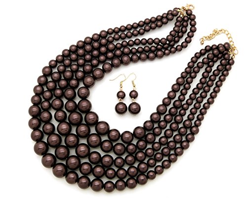Women's Simulated Faux Pearl Five Multi-Strand Statement Necklace and Earrings Set (Dark Brown)