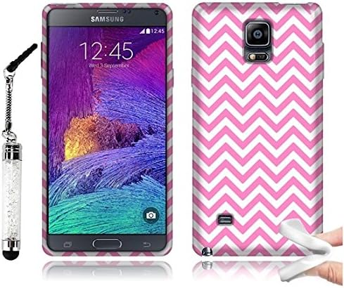 Tadnil Bundle Samsung Galaxy Note 4 N910 Flexible Slim Rubber TPU Skin Protector Cover Case - Pink White Mini Chevron + Crystal Stylus