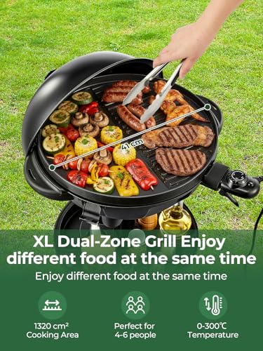 FOHERE 2400W Electric Barbecue 2 in 1: Stand & Table Grill, Adjustable Temperature 0-300°C, 2 Zones, Non-Stick Plate Diameter 41 cm, Condiment Rack and Grease Tray, Black