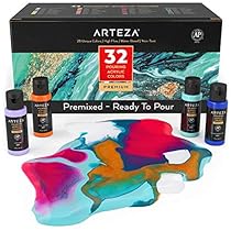 Arteza Acrylic Pouring Paint, 2oz Bottles, Set of 32 Assorted Colors, High Flow Acrylic Paint, No Mixing Needed, Paint for Pouring on Canvas, Glass, Paper, Wood, Tile, and Stones