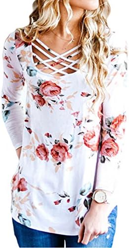 EIFFTER Women Floral Print T Shirt Casual Long Sleeve Crisscross Front V Neck Blouse Tops (Medium, White)