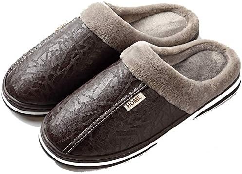 2019 Men's Slippers Winter Leather Thick with Plush Home Waterproof Flats Warm Indoor Shoes Non-Slip Slipper