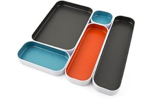 Three by Three Seattle 5 Piece Metal Organizer Tray Set for Storing Makeup, Stationery, Utensils, and More in Office Desk, Kitchen and Bathroom Drawers (1 Inch, Gray, Sky Blue, Orange)