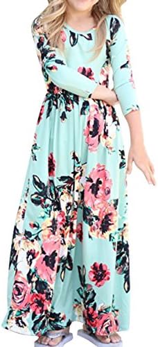 Aulase Kids Girls 3/4 Sleeve Floral Print Bohemian Beach Maxi Dress With Pockets Mint Green 11-12Y/Tag 140cm