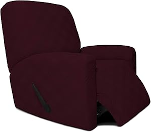 Easy-Going Stretch Recliner Sofa Cover, 4 Pieces Couch Cover for Recliner, Stylish Jacquard Sofa Slipcover with Elastic Loops, Machine Washable Furniture Protector (Recliner, Wine)