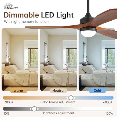 Sofucor 132cm Ventilador de Techo con Luz, Madera maciza Ventilador de Techo con Mando a Distancia, DC, 3 Temperaturas de Color, Temporizador, 6 Velocidades, Modo Verano Invierno para Salones