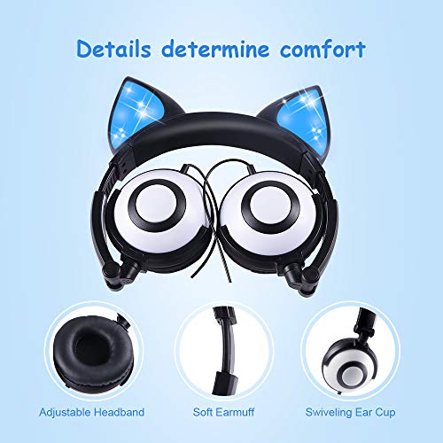 Esonstyle Kids Headphones Over Ear with LED Glowing Cat Ears,Safe Wired Kids Headsets 85dB Volume Limited, Food Grade Silicone, 3.5mm Aux Jack, Cat-Inspired (led cat Ear Kids Headphones-Black)