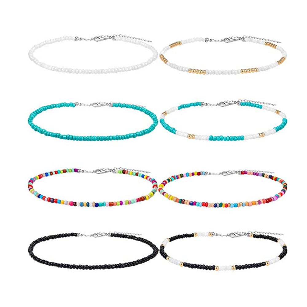 Bead Necklace, 8 Pieces Bohemian Necklace, Adjustable Beach Necklace, Small Beads Choker, Boho Style Adjustable Glass Beaded Necklace for Summer Beach, Daily Wear, Date Decoration (Multiple Styles)