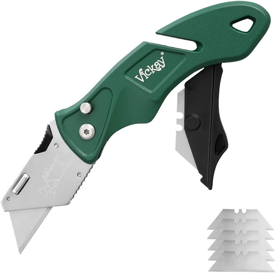 Folding Heavy Duty Utility Knife Pocket Box Cutter with 5 Replaceable Sk5 Blades Storage in Handle Quick Change Sharp Blades 5 Positions Safety Lock-Back Design, Lightweight Body with Belt Clip