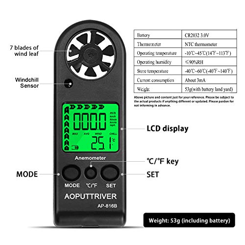 Digital Anemometer Handheld Wind Speed Meter for Measuring Wind Speed, Temperature and Max/Average/Current, High Precision, Measuring for Windsurfing Sailing Fishing Outdoor Activities-AP-816B(Black)