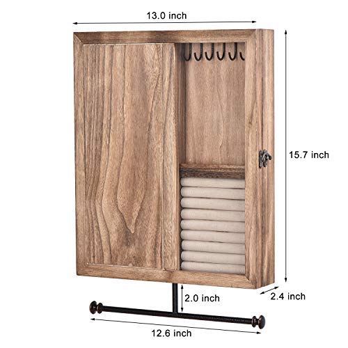 Keebofly Wall Mounted Jewelry Organizer With Rustic Wood Large Space Jewelry Cabinet Holder for Necklaces, Earrings, Bracelets, Ring Holder, and Accessories (Carbonized Black )