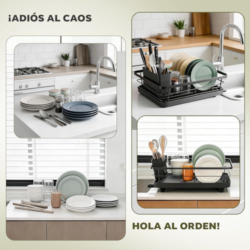 Ribech Compact Black Dish Drying Rack – Dries Tableware and Cutlery, Space Saving in Small Kitchens, with 360° Drain to the Sink, Stainless Steel, 30.5 x 38 x 12.5 cm