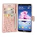 Teebo Wallet Case for Huawei P Smart (2018)/7S, with Kickstand Card Holders [Embossed Butterfly] Flower Premium PU Leather Magnetic Flip Case Cover for Huawei P smart/7S (Rose Gold)