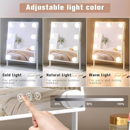 Beauenty Vanity Mirror with Lights, Lighted Makeup Mirror with 9 LED Bulbs and Detachable 10X Magnification,360° Rotation Makeup Mirror, Adjustable Brightness and 3 Color Modes