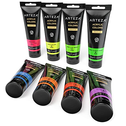 ARTEZA Neon Acrylic Paint, Set of 8, 4.06 fl oz Tubes, High Viscosity