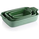 Sweejar Baking Pans Set, Ceramic 9x13 Baking Dish with Handle, Rectangular Casserole Dishes for Oven, Bakeware Sets of 3, Durable Lasagna Pan Deep for Kitchen, Banquet, Wedding Gift(Green)