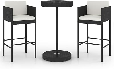vidaXL 3-Piece Black Poly Rattan Garden Bar Set with Cushions