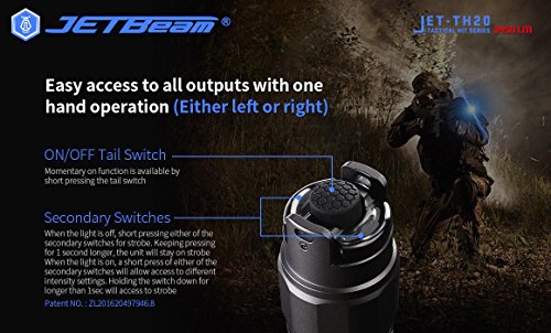 JETBeam TH20 Ultra Bright Tactical Triple Switch XHP70.2 LED Flashlight - 3450 Lumen - Using one 18650 battery