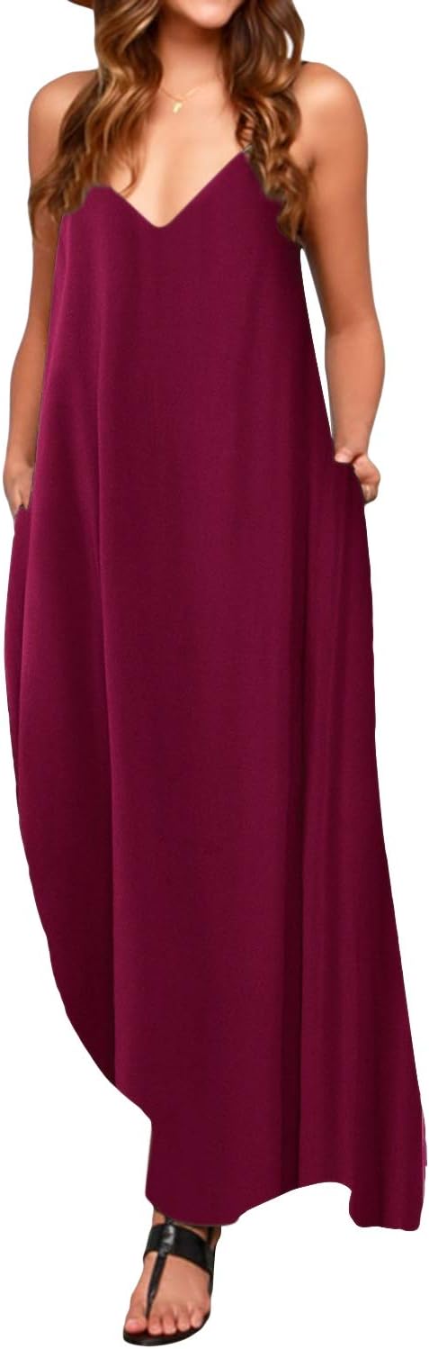 Women Maxi Dress Strapless Summer Dress Casual Loose Pockets Sundress Boho Dress Sleeveless Summer Beach Shirt Dress