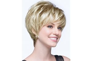 SEVENCOLORS Short Blonde Wigs for White Women Layered Mixed Blond Pixie Cut Wigs with Bangs Synthetic Short Hair Replacement Wigs