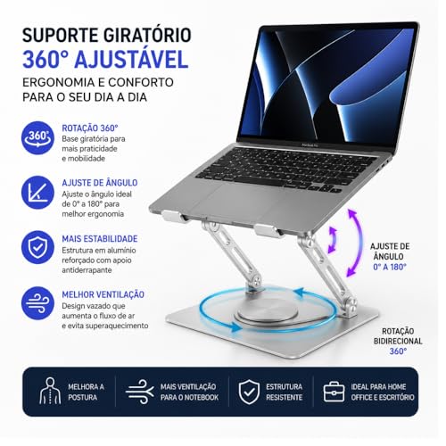 Suporte para Notebook Alumínio Premium Giratório 360° | Base Ergonômica Ajustável e Dobrável para Laptop até 17” | Ideal para Home Office, Setup Gamer e Escritório