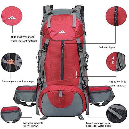 seenlast 50L Unisex Travel Hiking Backpack Outdoor Sport Daypack Water-Resistant Bag with Rain Cover for Climbing Camping Touring Mountaineering(Red)