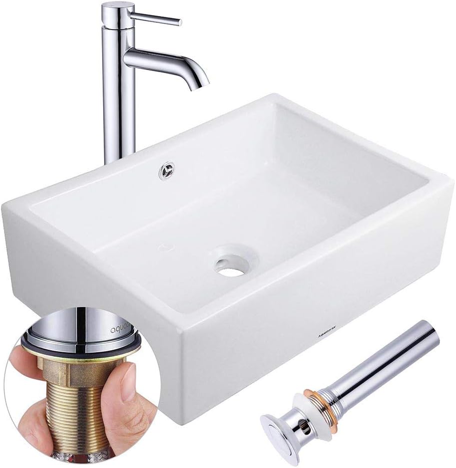 Aquaterior Rectangle Porcelain Ceramic Bathroom Vessel Sink W Overflow 12 1 2 Chrome Faucet Lavatory Drain Set Amazoncom