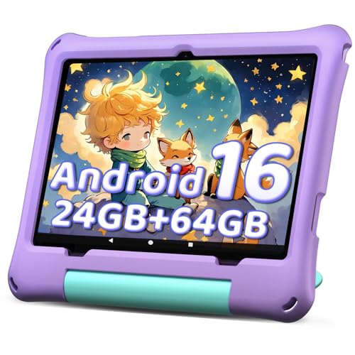 aiprotablet 10 inch Kids Tablet, Android 16 Tablet for Kid, Octa-Core CPU, 24GB RAM, 64GB ROM 1TF Card Expandable for Toddler Children,Tablets with Case, Parental Control, 6000mAh,WiFi, BT5.0 (Purple)