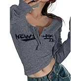 Womens Lace Long Sleeve Top Paneled Henley Shirts Y2k 2000s Fitted Going Out Tops Blouse