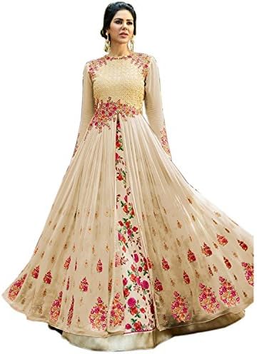 Pd Cloth Villa Womens Georgett Embroidered Anarkali Gown (Freesize_Cream)
