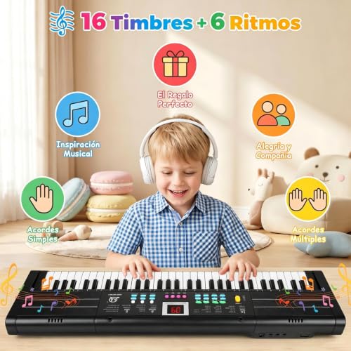 Teclado Musical, 61 Piano Digital para Niños, Incluye Micrófono y Atril Teclas Piano Eléctrico Altavoces Duales Piano Digital Adecuado Teclado Piano para Niños, Niñas Principiantes (Negro)