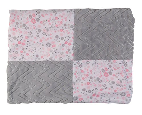 Laura Ashley Double Sided Infant Patchwork Blanket, Chevron Ribbed Flannel Fleece and Printed Mink