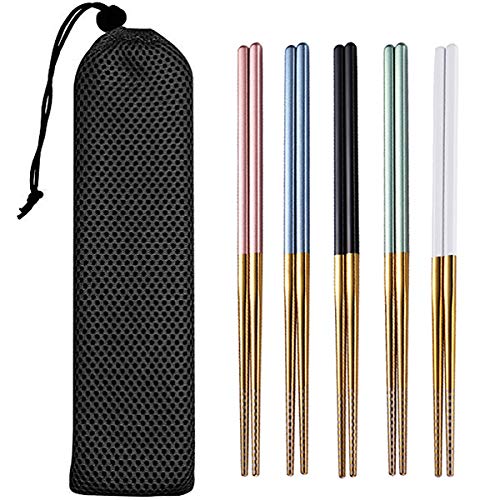 Chopsticks Reusable 5 Pairs with Travel Bag Metal Chopsticks Dishwasher Safe Stainless Steel Colorful Chopsticks Set 21cm Long for Eating (Gold) - Thumbnail 7