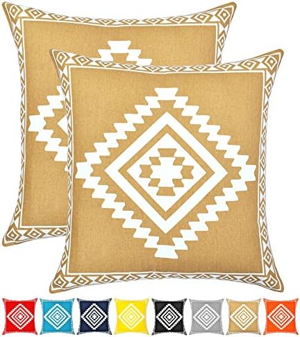 Throw Pillow Cover Cushion Cases Cotton Printed Tribal Handcraft (18 x 18 Inches, Set of 2, Beige) by Urban Style Décor