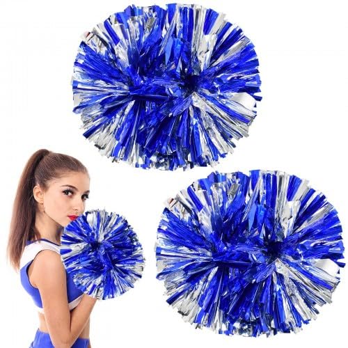 Metallic Cheerleading Pom Poms 2 Pack Foil Hand Flowers with Handle Dance Pompoms for Sports Competition Team Spirit (Blue + Silver)