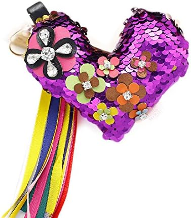 QMermaid Reversible Sequins Mermaid Keychain Bag Purse Charm Gold Ring with Color Tassel (Purple-Silver)