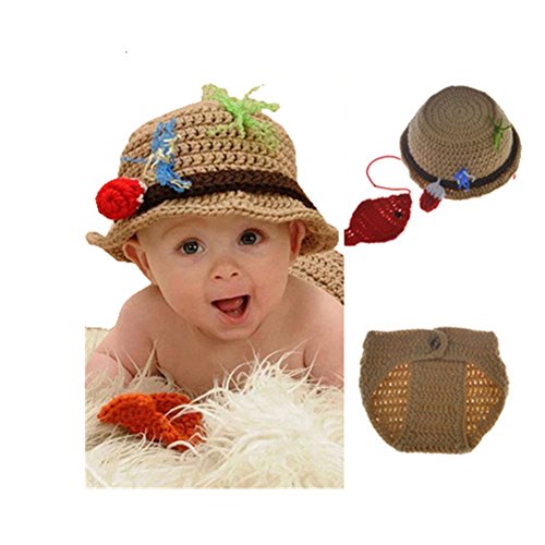 Baby Newborn Handmade Crochet Photography Props Fishing Fisherman Costume Outfit Fish Hat Diaper
