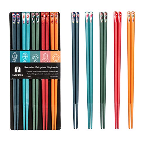 SUPJOYES 5Pairs Fiberglass Chopsticks Reusable Japanese Chopsticks Dishwasher Safe, 9 1/2