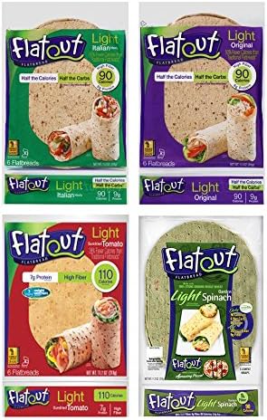 Flatout Light Flatbread Wraps Sampler 4 Pack, Original, Italian Herb, Garden Spinach, and Sundried Tomato, 11.2 oz.