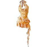 Verdusa Women's Summer Dress Y2k Halter Mini Dress Mesh Backless Dress Floral Ruffle Dress Wedding Guest Dress