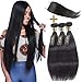 QTHAIR 14A Brazilian Virgin Straight Human Hair with Lace Closure (14/16/18+12 Inch, Natural Black) 100% Unprocessed Straight Brazilian Virgin Hair Weave with 4x4 Swiss Lace Closure