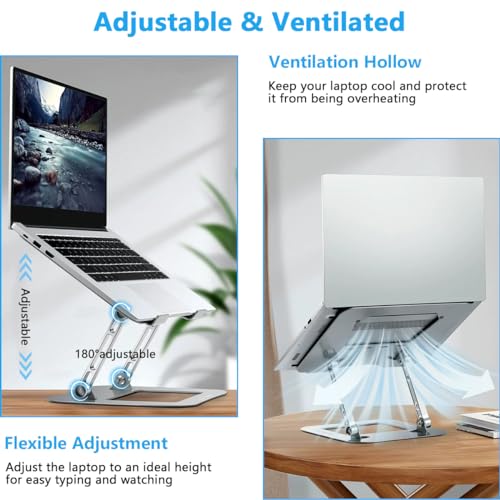 Gluckluz Adjustable Laptop Stand for Desk Ergonomic Laptop Riser Aluminum Notebook Holder Foldable Computer Elevator Compatible with 11" to 17.3" MacBook Pro/Air, Tablet (Silver)